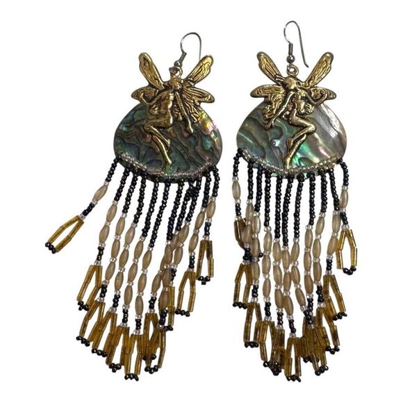 Fairy Abalone & Beaded Dangle Earrings Chandelier Gold Accents 5" Hook Fantasy - Picture 5 of 10